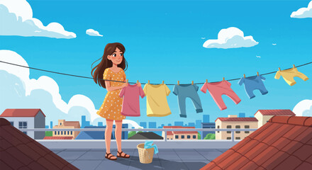 A young woman is hanging laundry on a clothesline on a sunny urban rooftop, with vibrant garments swaying under a clear blue sky, in a charming flat vector illustration.