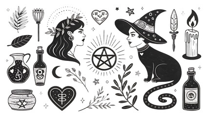 Witchcraft elements with goddess and witch facing each other in black and white illustration style