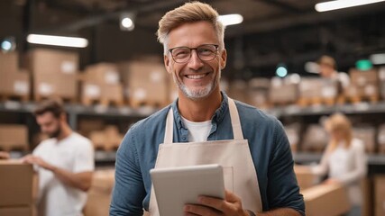A cheerful bearded man, manager or owner of a warehouse, with a tablet. Shows successful business, trade.