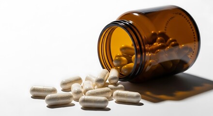 Healthcare capsules spilling from a brown glass bottle onto a white surface