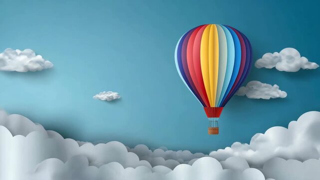 A colorful paper cut style hot air balloon floats in the sky above fluffy clouds. Perfect for projects about travel, dreams and freedom, children's projects, animation and advertising.