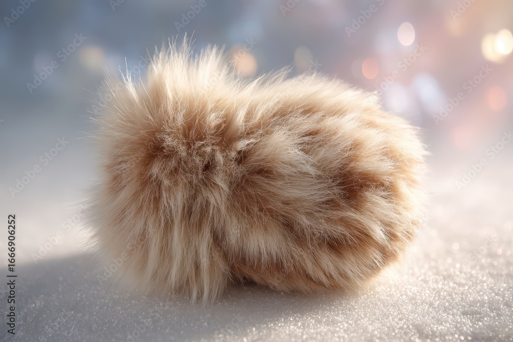 Poster a soft, fluffy beige object rests on sparkling snow with warm bokeh lights.