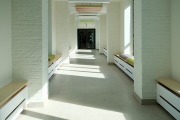 Interior of a corridor in a new modern school, renovation of schools, renewal. Interior of a school corridor
