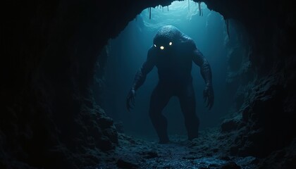 Gigantic monstrous creature lurks in abyssal cave darkness. Mysterious, terrifying entity with glowing eyes stands on cave floor. Underwater abyss setting with shadowy, ominous atmosphere. Features