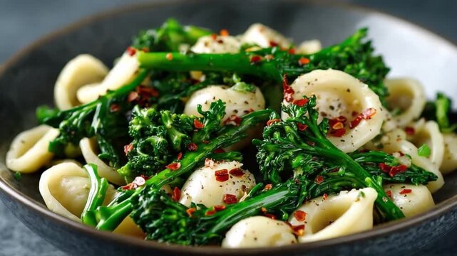Orecchiette Pasta with Broccoli Rabe: A culinary masterpiece features perfectly cooked Orecchiette pasta tossed with vibrant broccoli rabe, all elevated by a subtle sprinkle of red pepper flakes.