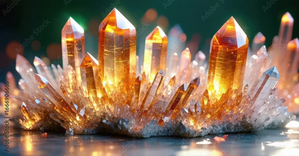 Poster glowing crystals form dense cluster. warm light emanates from within, creating dramatic visual effec