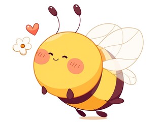 Simple Flat Style Cute Cartoon Flying Bee Vector Illustration: Adorable Smiling Almond Eyes, No Shadow & Clean Lines, White/Transparent PNG Background for Kids' Decor & Stationery
