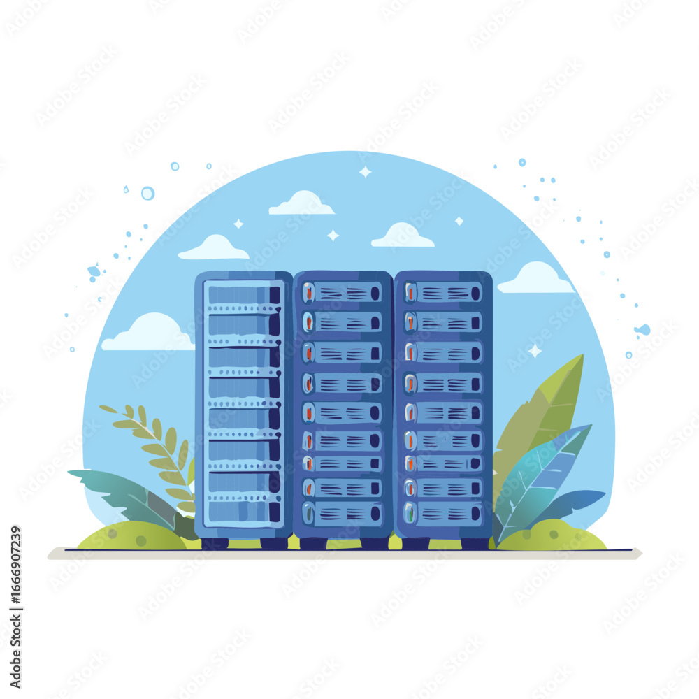 Poster three server racks in nature scene, data centers and cloud computing concept