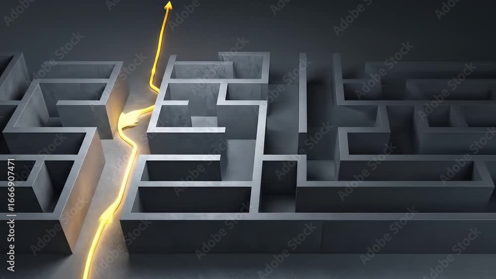 Poster bright yellow line cutting through a gray stone maze to a goal simple solution to complex issues and