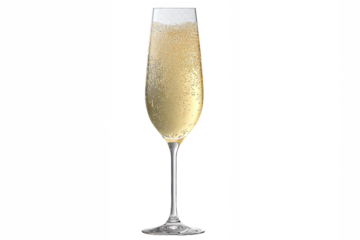 Elegant champagne flute with sparkling bubbles, isolated on white transparent background