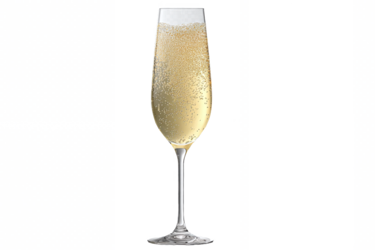 Elegant champagne flute with sparkling bubbles, isolated on white transparent background