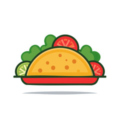 Cartoon depiction of a crunchy shell taco filled with fresh salad on a red plate