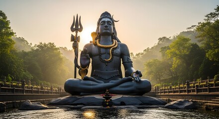 Majestic Lord Shiva Statue Meditating at Sunrise in a Serene Natural Landscape