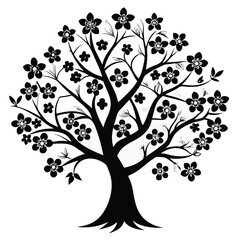 Black Silhouette Illustration Blossoming Tree with Flowers, Branches, and Leaves in Bloom