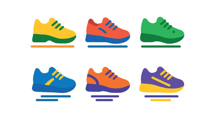 vector colorful filled icons matching outfits (shoe match): shoe pair lace outline shadow ground line motion smear stripe dot.