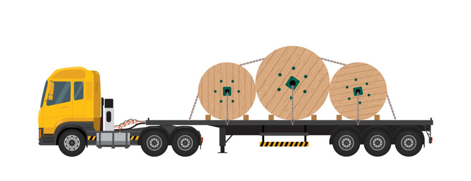 ํYellow truck loaded with numerous rolls of electrical cable on wooden wheels, transporting electronic goods, against a white background. Shipping and logistics.