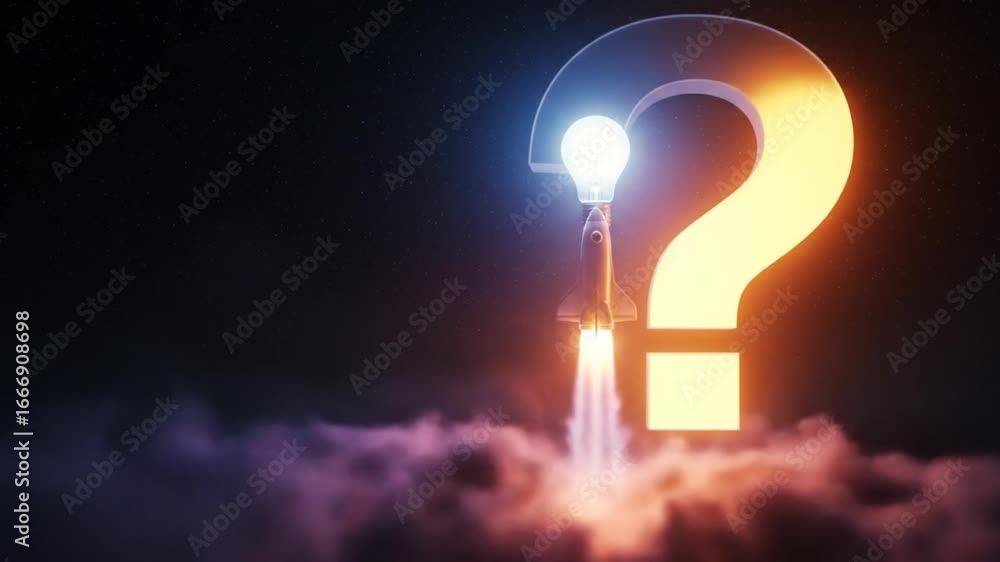Poster rocket launch with bright idea lightbulb inside question mark, innovation concept