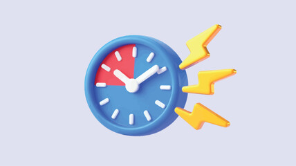 3d clock icon with lightning bolts isolated on soft background, urgency and time management symbol for ui ux app interface design concept