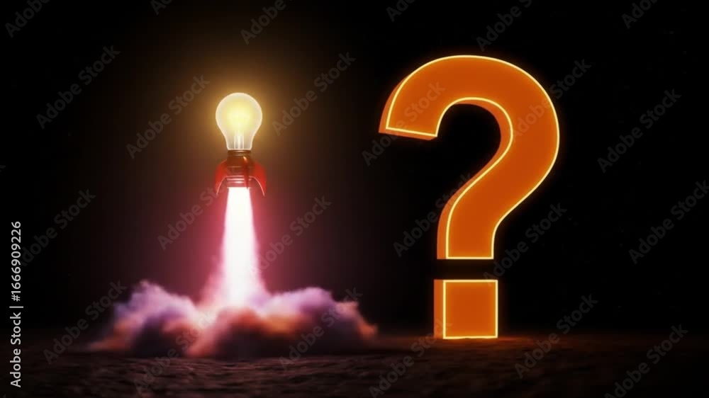 Poster idea rocket launch with glowing question mark, symbolizing innovation and startup success
