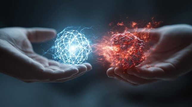 Close-up of two human hands: one calmly holding a stable, glowing blue atom symbolizing clean energy, the other struggling with a chaotic red atom cracking apart, representing dangerous power.

