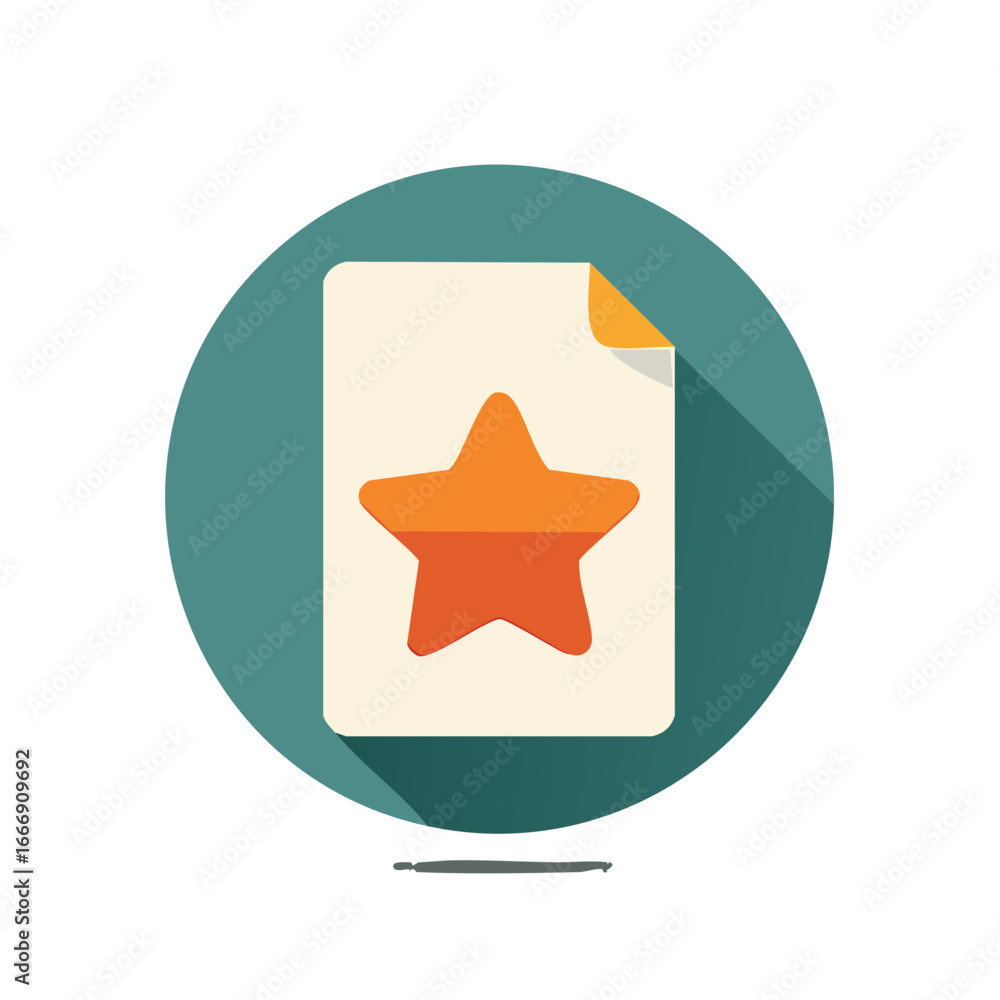 Poster flat vector star icon on document with folded corner and colored circle background