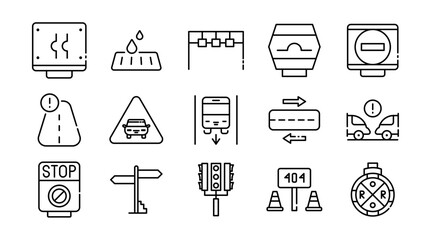 Road and traffic linear icon set. Vehicles, transportation, highway, traffic signs, road safety, navigation, cars, bikes, trucks, signals, map, vector icon pack