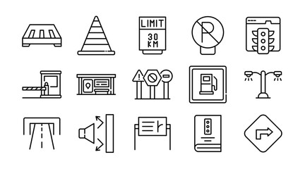 Road and traffic linear icon set. Vehicles, transportation, highway, traffic signs, road safety, navigation, cars, bikes, signals, map, vector icon pack. Thin line style UI design set