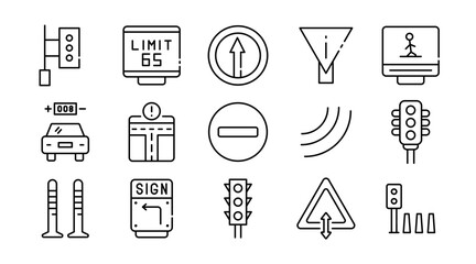 Road and traffic linear icon set. Vehicles, transportation, highway, traffic signs, road safety, navigation, cars, bikes, trucks, signals, vector icon pack. Thin line style UI design set