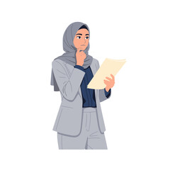 Thoughtful Businesswoman Logo: A Modern Illustration of a Woman in a Hijab Reviewing Documents, Symbolizing Professionalism, Intelligence, and Corporate Success.