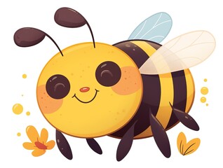 Simple Flat Style Cute Cartoon Flying Bee Vector Illustration: Adorable Smiling Almond Eyes, No Shadow & Clean Lines, White/Transparent PNG Background for Kids' Decor & Stationery