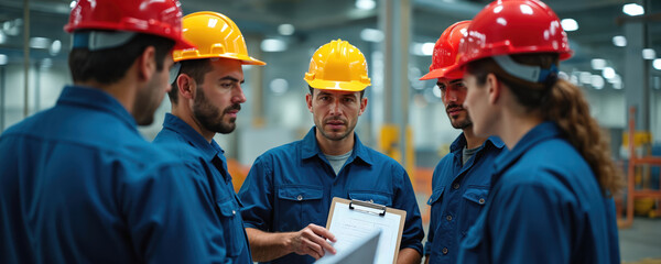 Five workers in blue overalls, safety helmets gather in modern industrial facility, reviewing documents on clipboard. Team discusses safety protocols, operational procedures, emphasizing teamwork,
