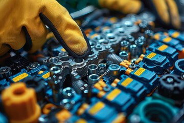 Close-up of a technician assembling precision components in an industrial workshop during daylight hours