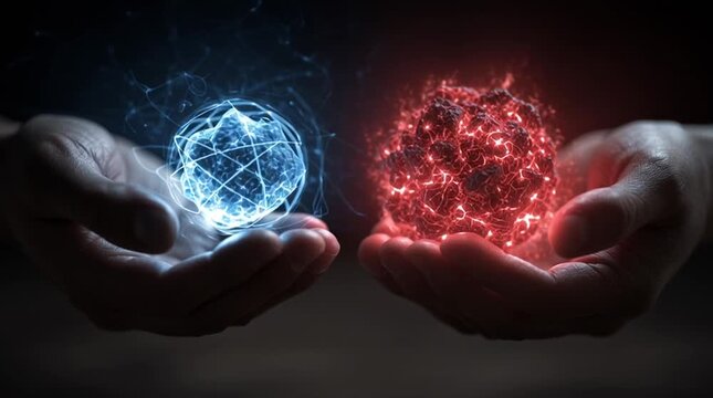 Close-up of two human hands: one calmly holding a stable, glowing blue atom symbolizing clean energy, the other struggling with a chaotic red atom cracking apart, representing dangerous power.
