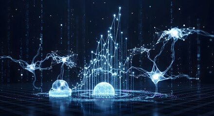 A complex, futuristic data visualization in shades of blue and purple, with ascending line charts and artificial intelligence elements floating in a digital environment, in high definition and photore