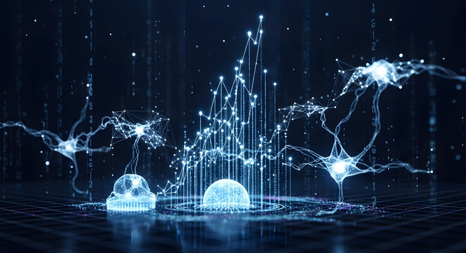 A complex, futuristic data visualization in shades of blue and purple, with ascending line charts and artificial intelligence elements floating in a digital environment, in high definition and photore