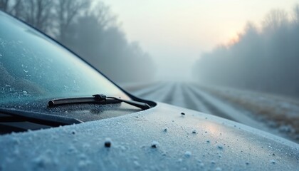 Frost coats car windshield, hood. Fog obscures rural road with visible tire tracks. Early morning light filters through mist. Winter atmosphere shows low visibility, suggesting hazardous driving