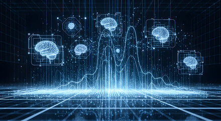 A complex, futuristic data visualization in shades of blue and purple, with ascending line charts and artificial intelligence elements floating in a digital environment, in high definition and photore