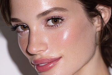 Close-up portrait showcasing a young woman's flawless skin, featuring natural beauty and light pink glossy makeup, highlighting her delicate features and radiant complexion.