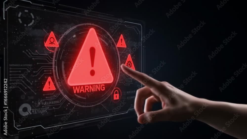 Poster hand activating warning alert on futuristic digital interface with critical information displayed
