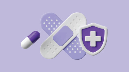 3d medical icon set with pill, bandages, and health shield isolated on soft background, healthcare and protection concept for ui ux design
