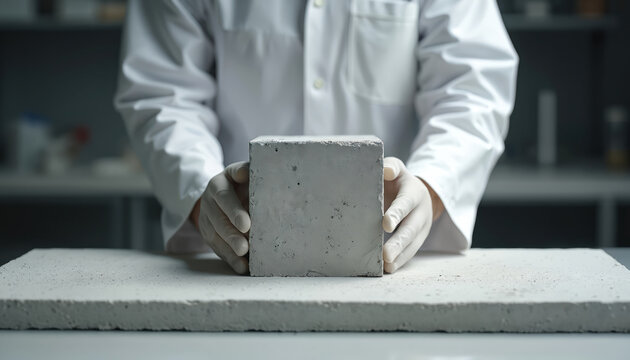 Scientist in lab coat and gloves holds grey concrete cube sample on table. Focus on material testing, construction research, and engineering development.