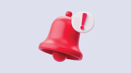 3d red notification bell icon with alert exclamation mark isolated on light background, reminder symbol for ui ux app interface design