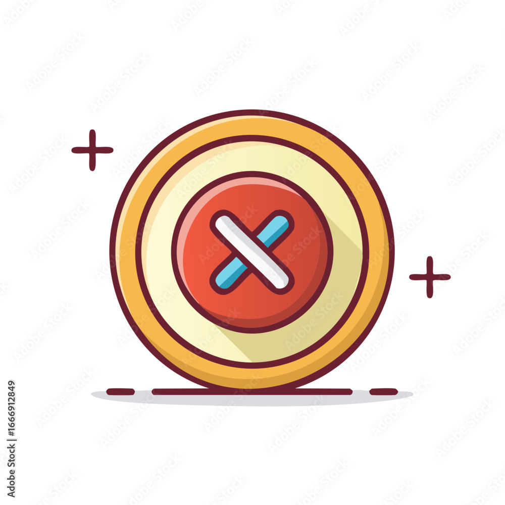 Poster red cross wrong mark in gold round frame with plus signs for delete close or remove symbol
