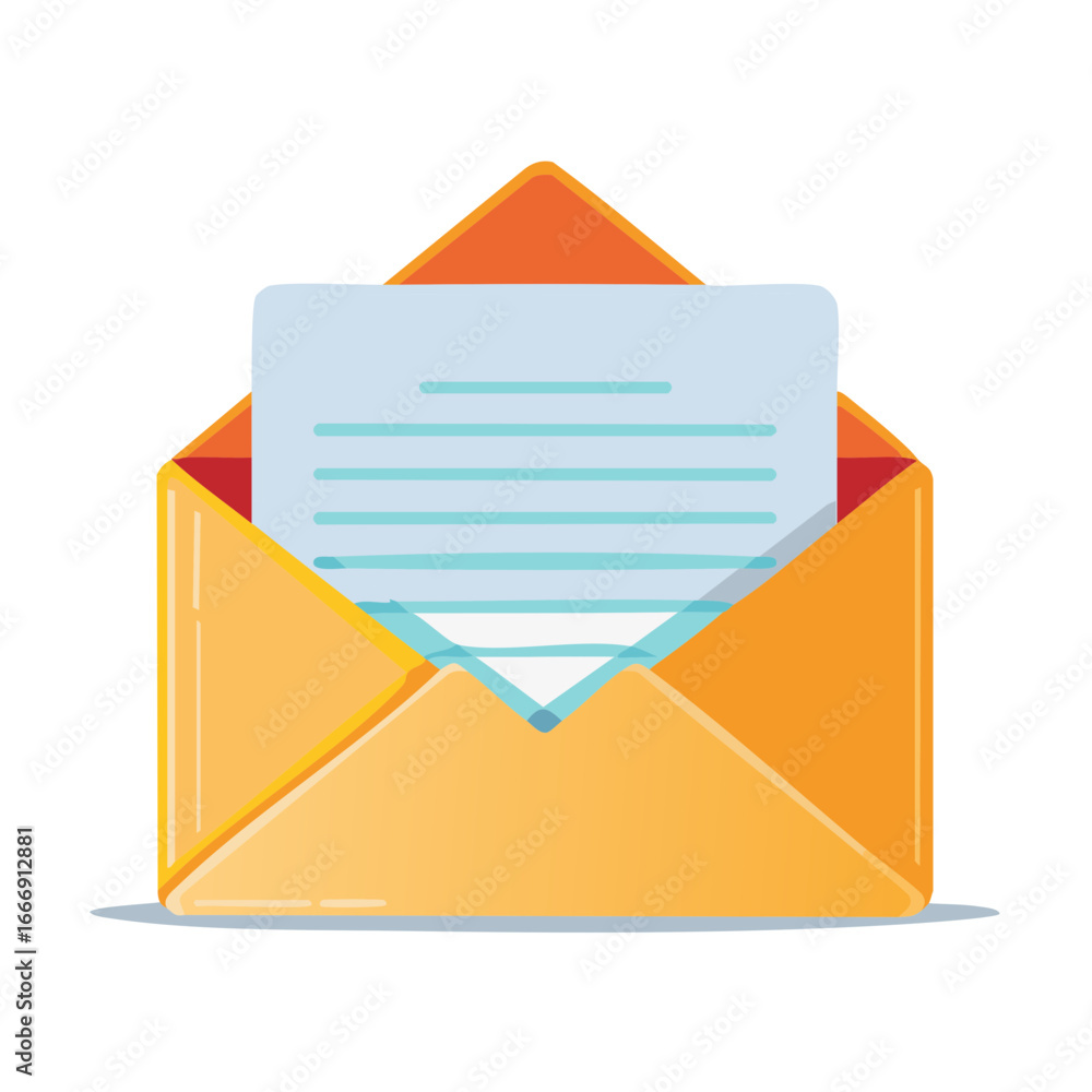 Poster orange open envelope with a document inside, containing lines of text, symbolizing communication and