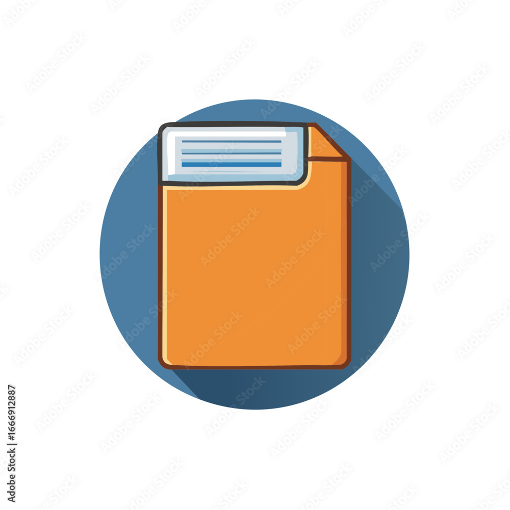 Poster orange document file with label in flat circle with shadow, archive organization graphic