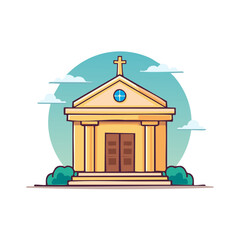 Obraz premium Illustration of a Classic Church Building with Cross and Clouds, Religious Edifice