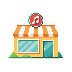 Colorful Music Storefront with Striped Awning and Music Note Sign