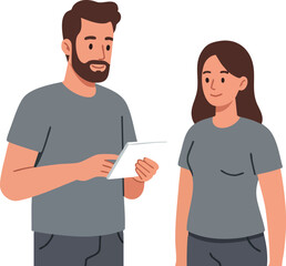 Obraz premium Man and Woman Discussing Document in Casual Clothing Vector Illustration 