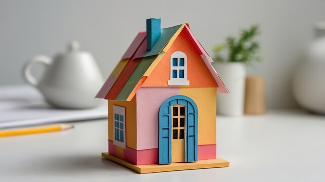 Colorful miniature house model on white desk with office supplies