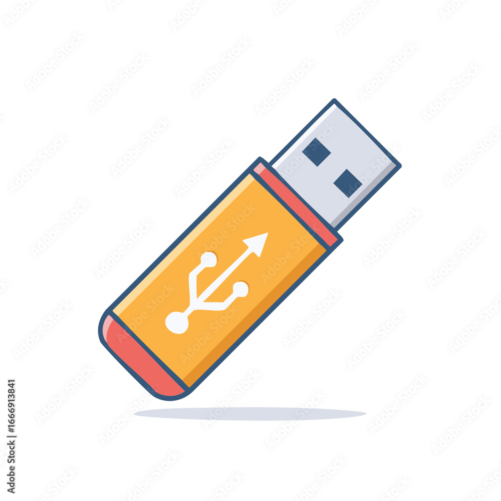 Poster orange usb flash drive with universal serial bus symbol for data storage